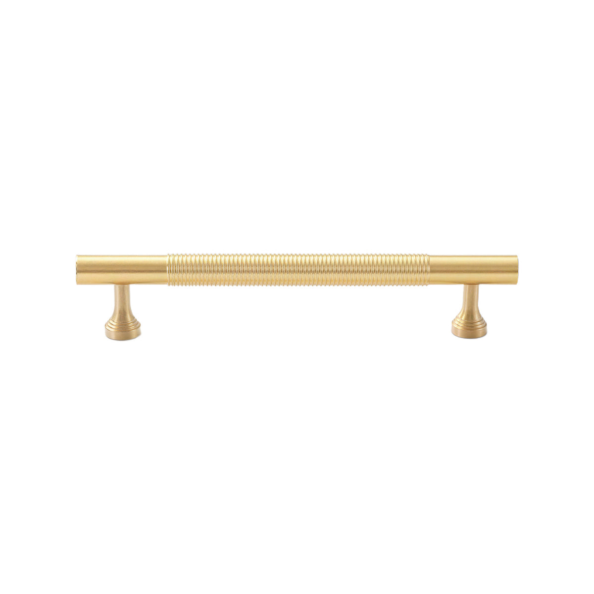 Brass-tone bar pull with a ring-ribbed center and stepped feet, 128 mm, option No. 10.