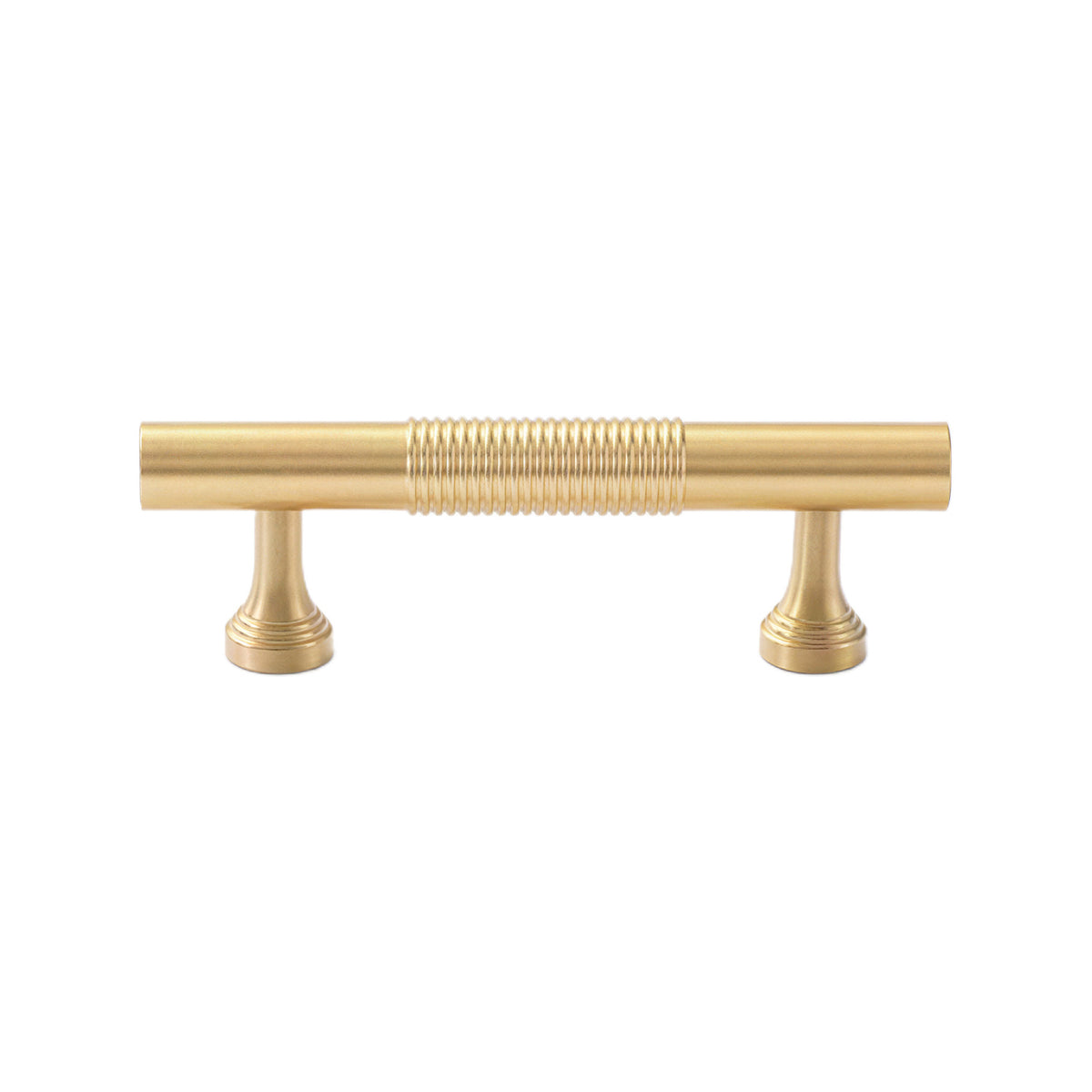 Brass-tone bar pull with a ring-ribbed center and stepped feet, 64 mm, option No. 10.