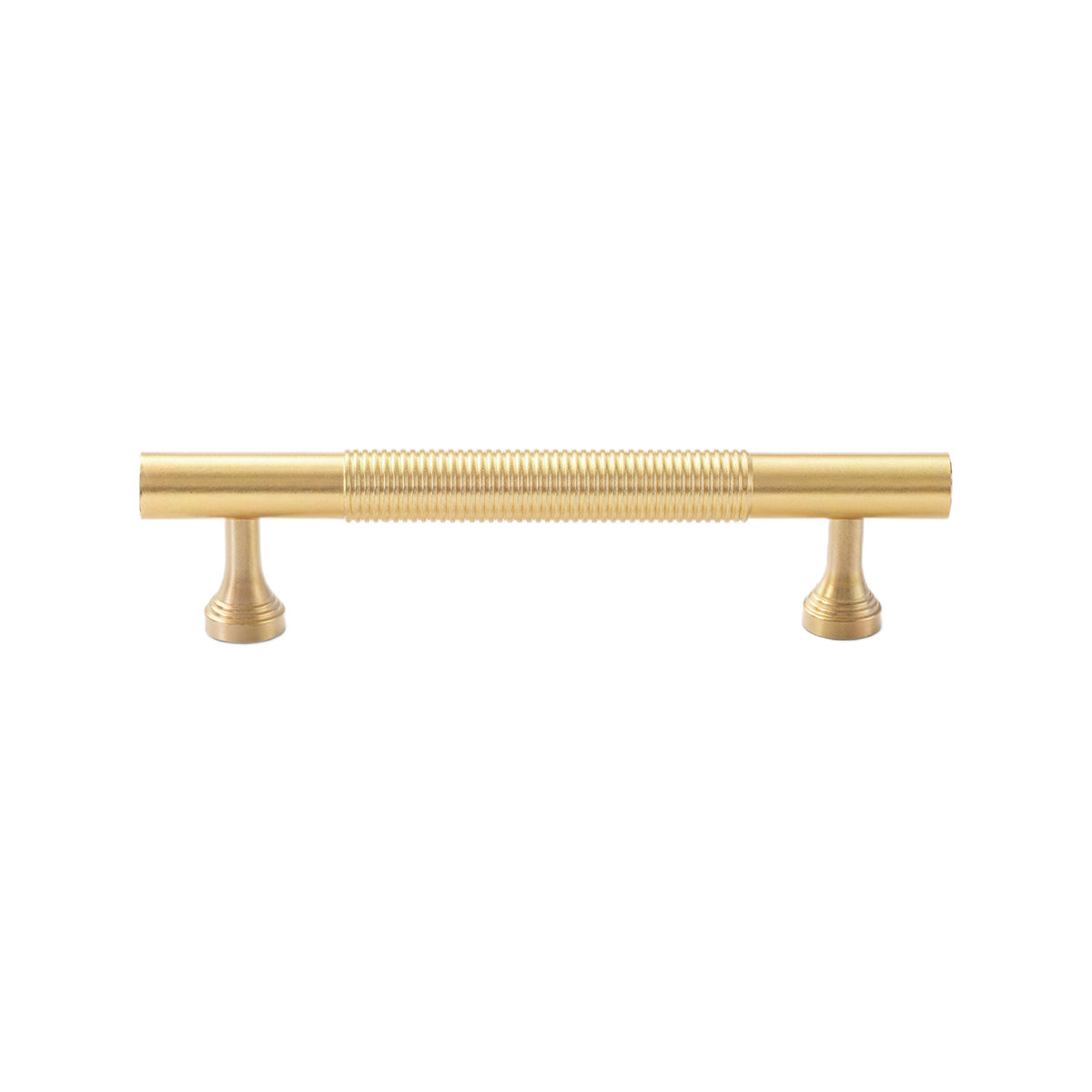 Brass-tone bar pull with a ring-ribbed center and stepped feet, 96 mm, option No. 10.