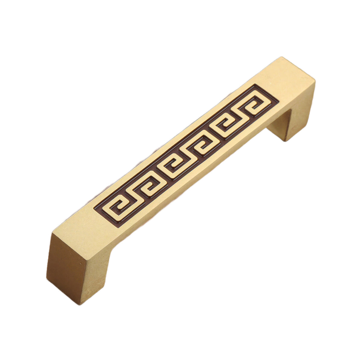 Brass-tone straight bar pull with a Greek key pattern, 96 mm, option No. 3.