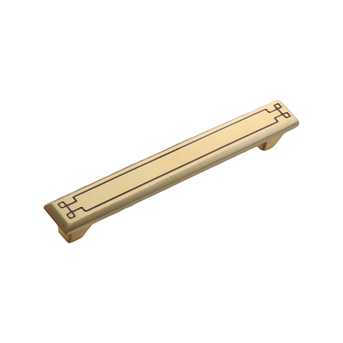 Brass-tone straight bar pull with inset lines and square end motifs, 128 mm, option No. 2.