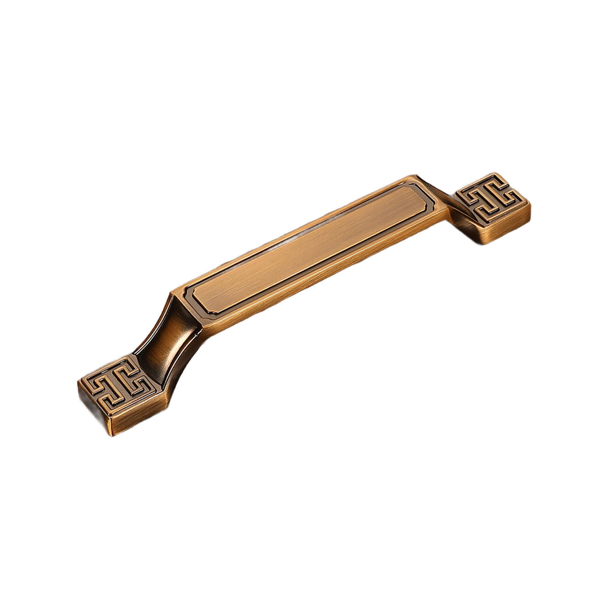 Bronze-tone angled bar pull with a rectangular center and Greek key square ends, option No. 24, 128 mm.