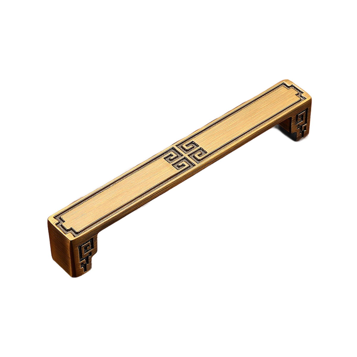 Bronze-tone straight bar pull with a Greek key center detail, option No. 22, 128 mm.