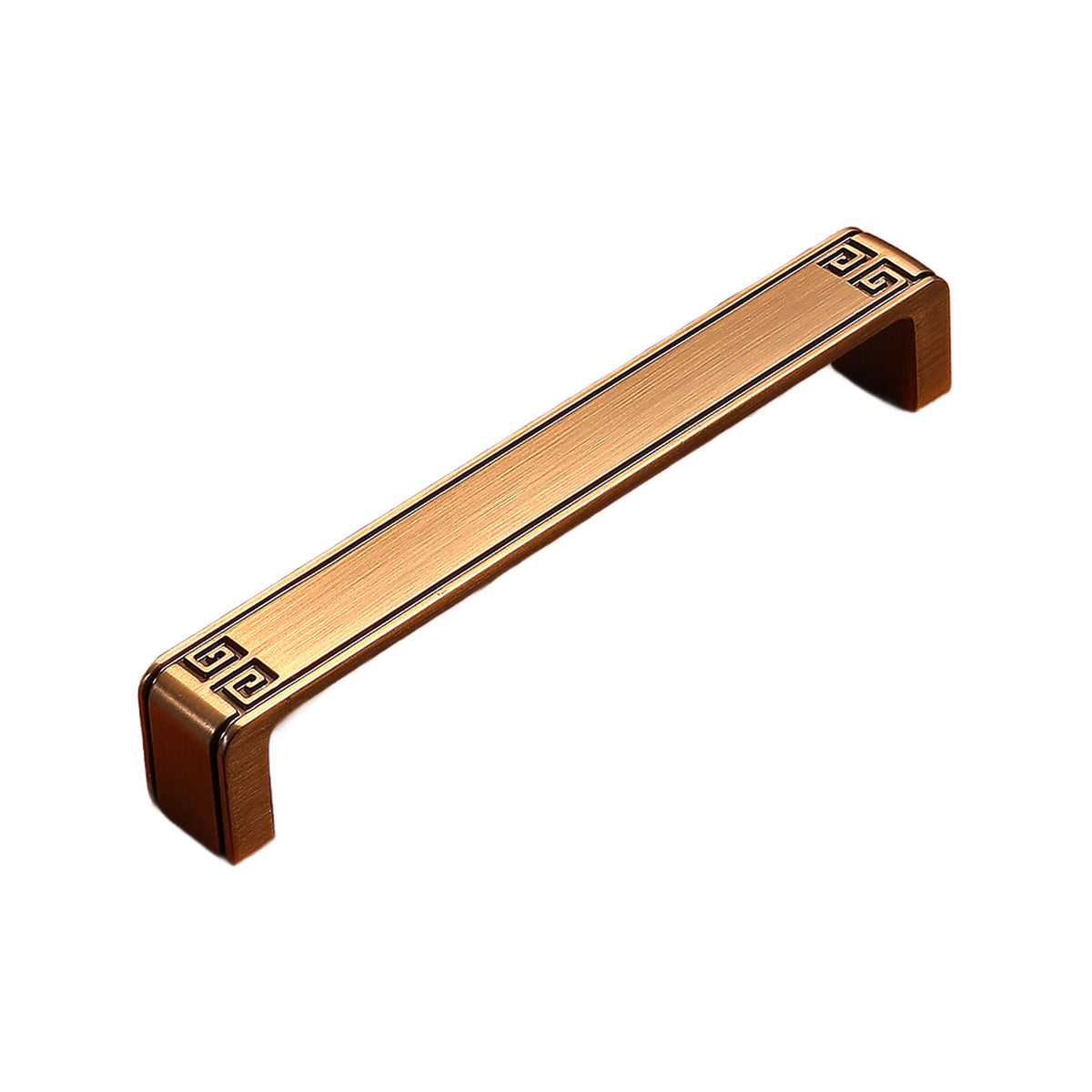 Bronze-tone straight bar pull with Greek key details at the ends, option No. 23, 128 mm.