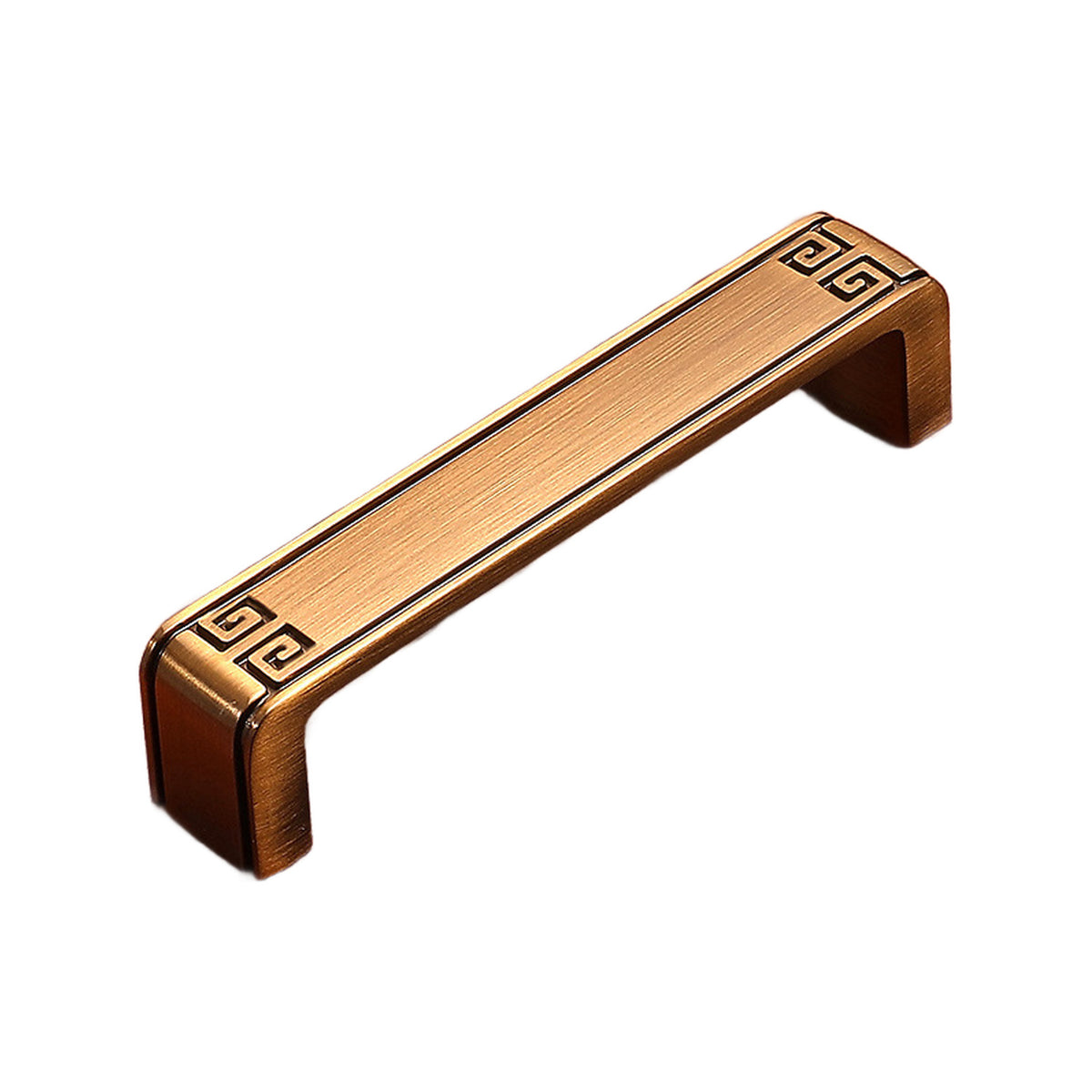 Bronze-tone straight bar pull with Greek key details at the ends, option No. 23, 96 mm.