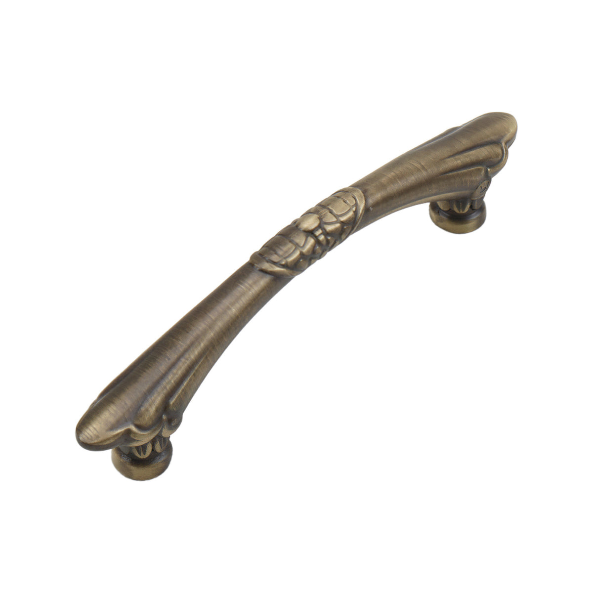 Bronze-tone curved bar pull with a patterned center band, option No. 4, 135 mm.