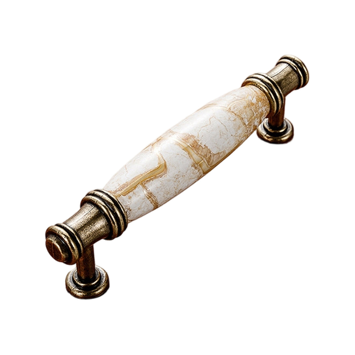 Antique bronze-tone bar pull with a white marble-look barrel grip, option No. 6, 96 mm.