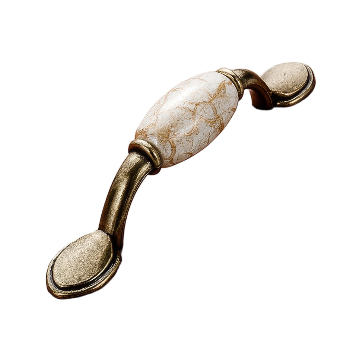 Antique bronze-tone curved bar pull with a white marble-look center, option No. 7, 76 mm.