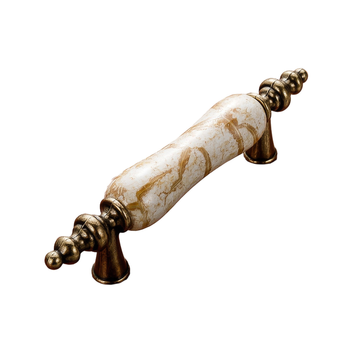 Antique bronze-tone bar pull with a white marble-look grip and ornate finials, option No. 11, 76 mm.