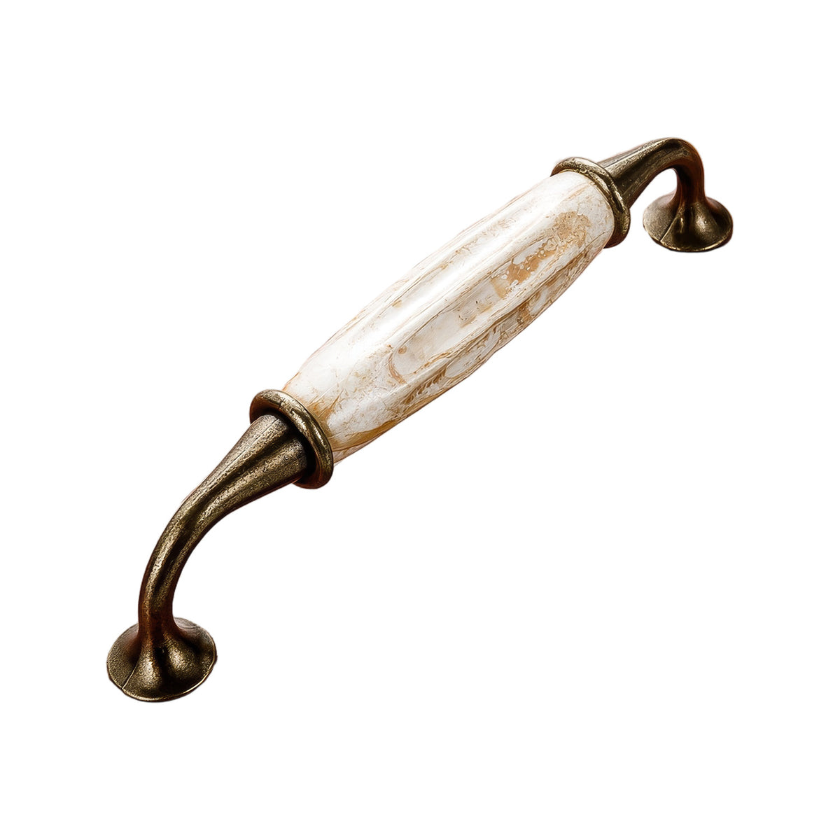 Antique bronze-tone slim arched bar pull with a white marble-look grip, option No. 9, 128 mm.