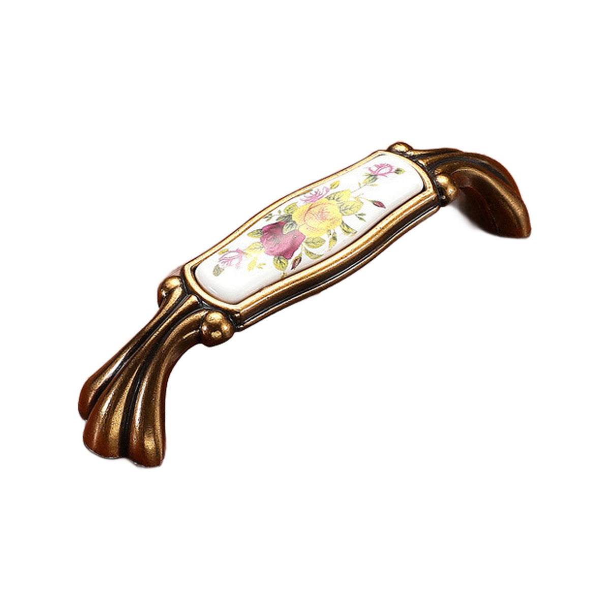 Brown bar pull with a white floral panel and fluted ends, option No. 21, 96 mm.