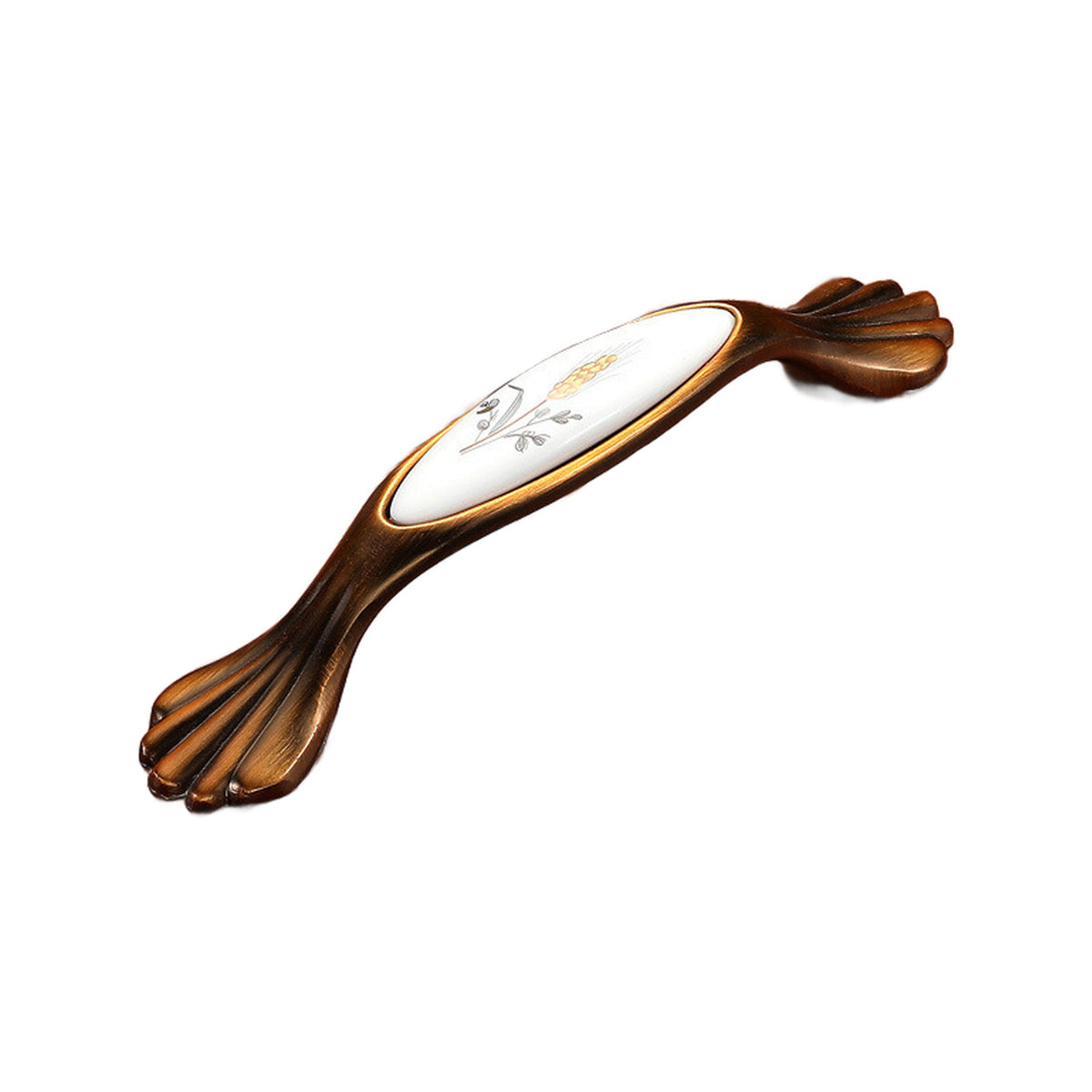 Brown bar pull with a white oval floral insert and fluted ends, option No. 20, 128 mm.