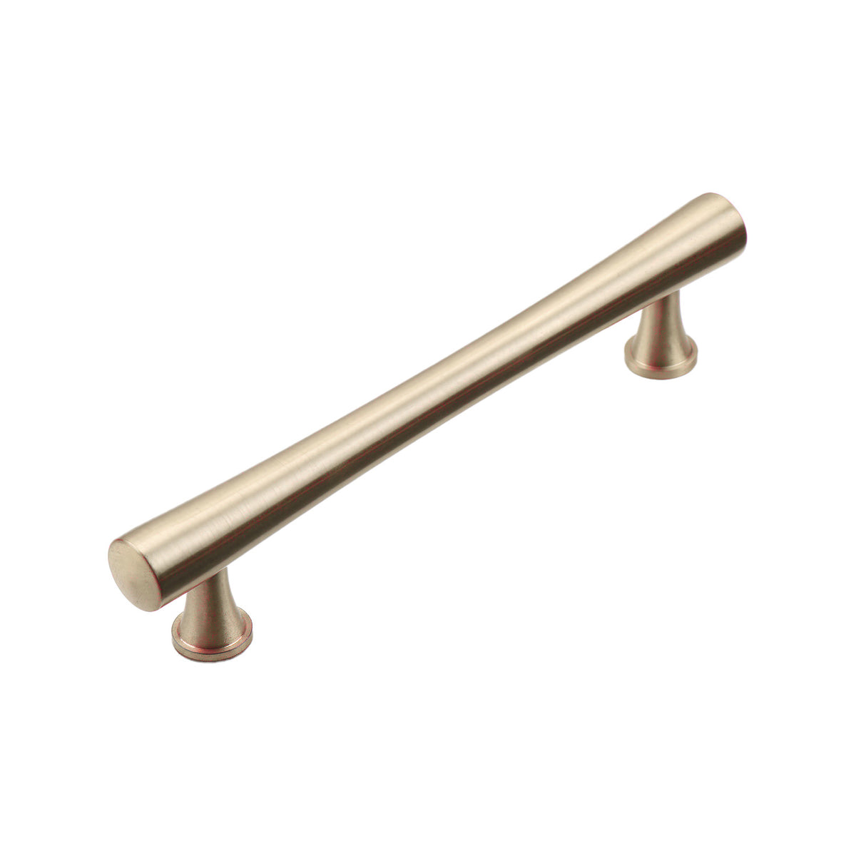 Brushed gold cylindrical bar pull with round pedestal feet, option No. 13, 128 mm.
