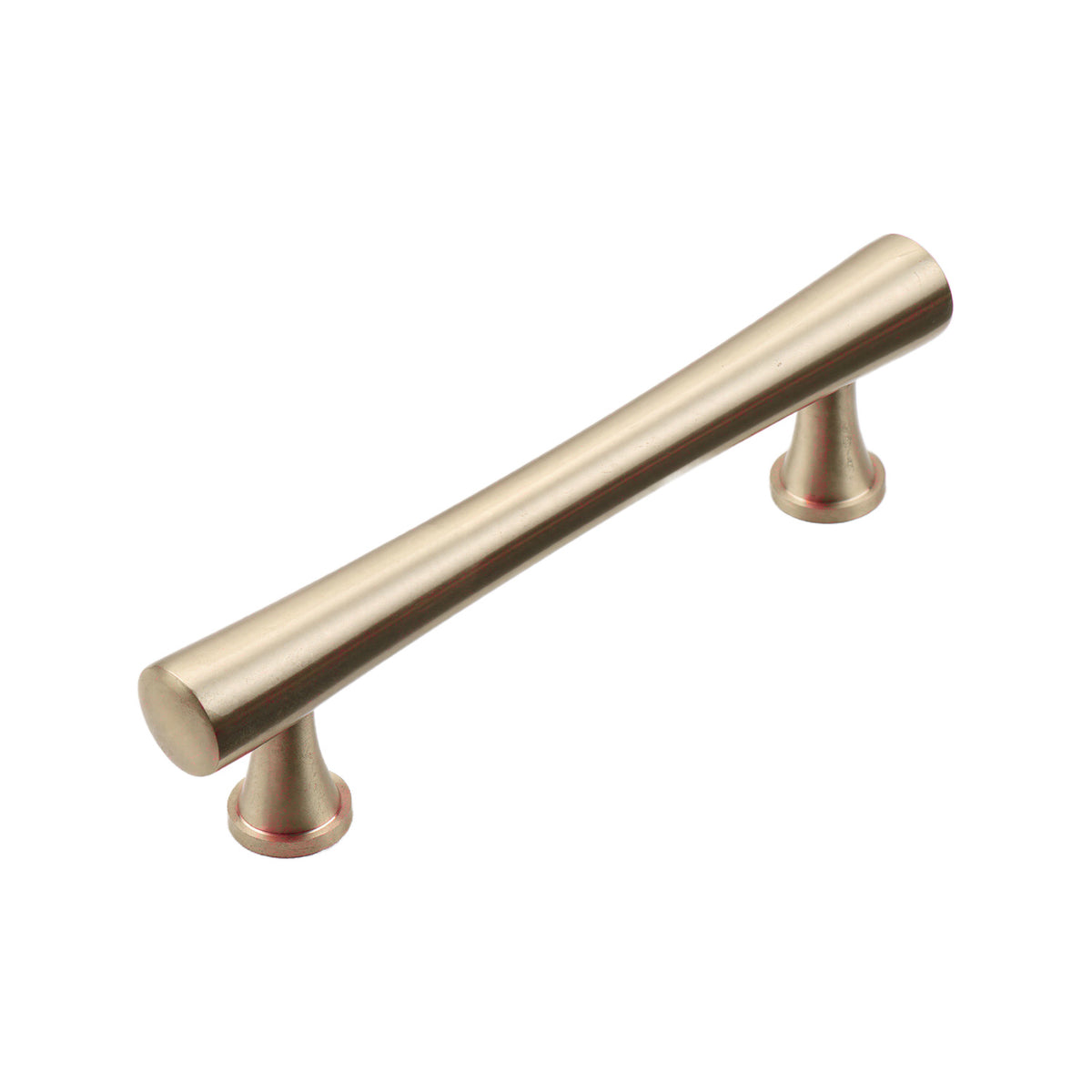 Brushed gold cylindrical bar pull with round pedestal feet, option No. 13, 96 mm.
