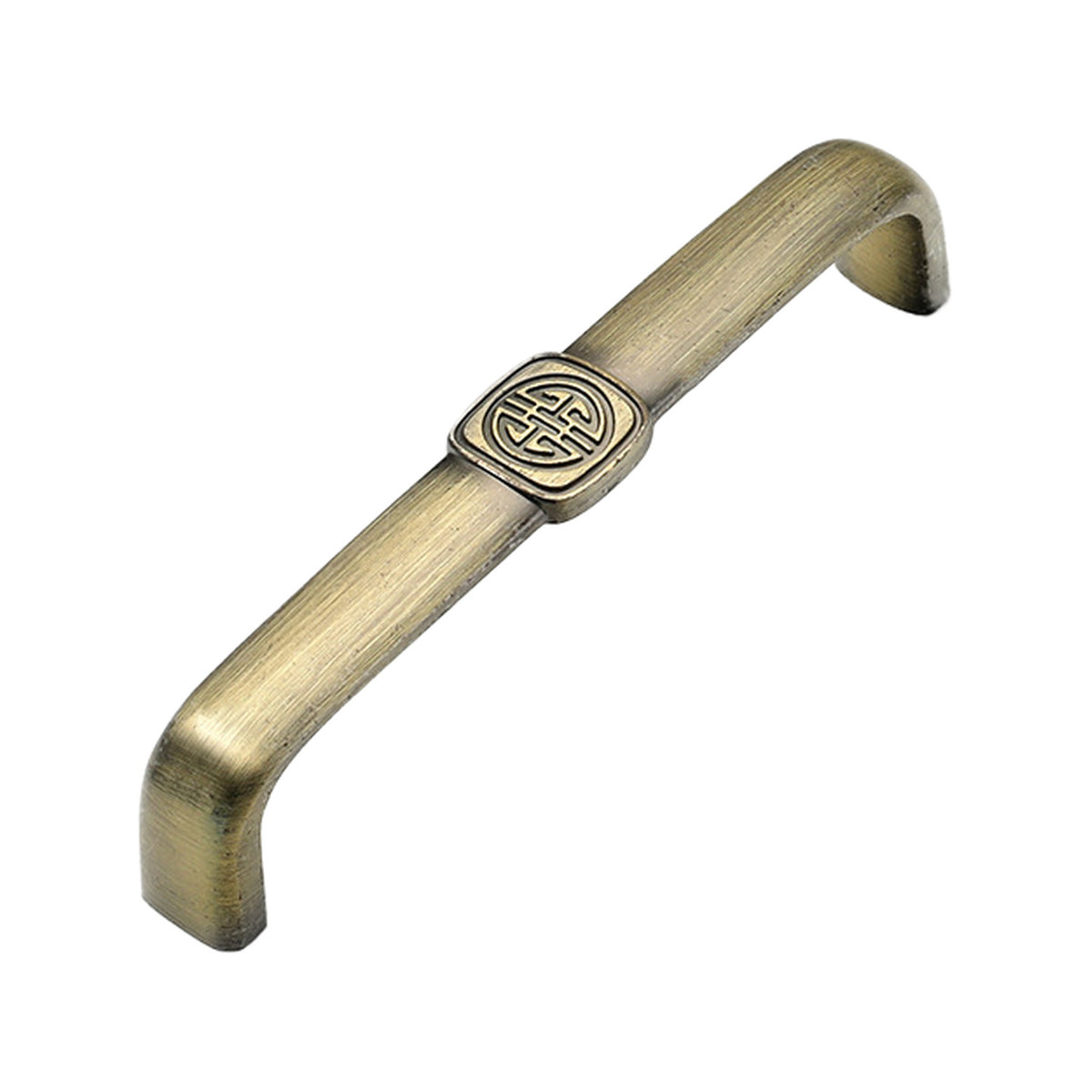 Curved bar pull with a circular medallion at the center, variant #17, 128 mm.