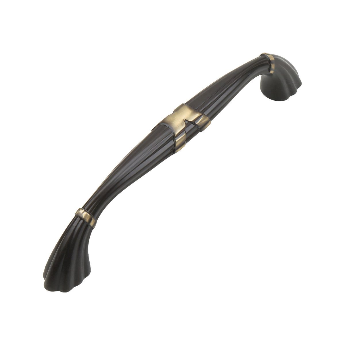 Coffee brown arched bar pull with a gold-tone center accent and flared ends, option No. 1, 128 mm.