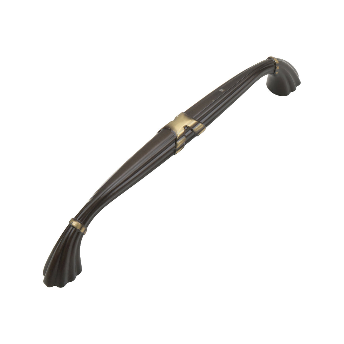 Coffee brown arched bar pull with a gold-tone center accent and flared ends, option No. 1, 160 mm.