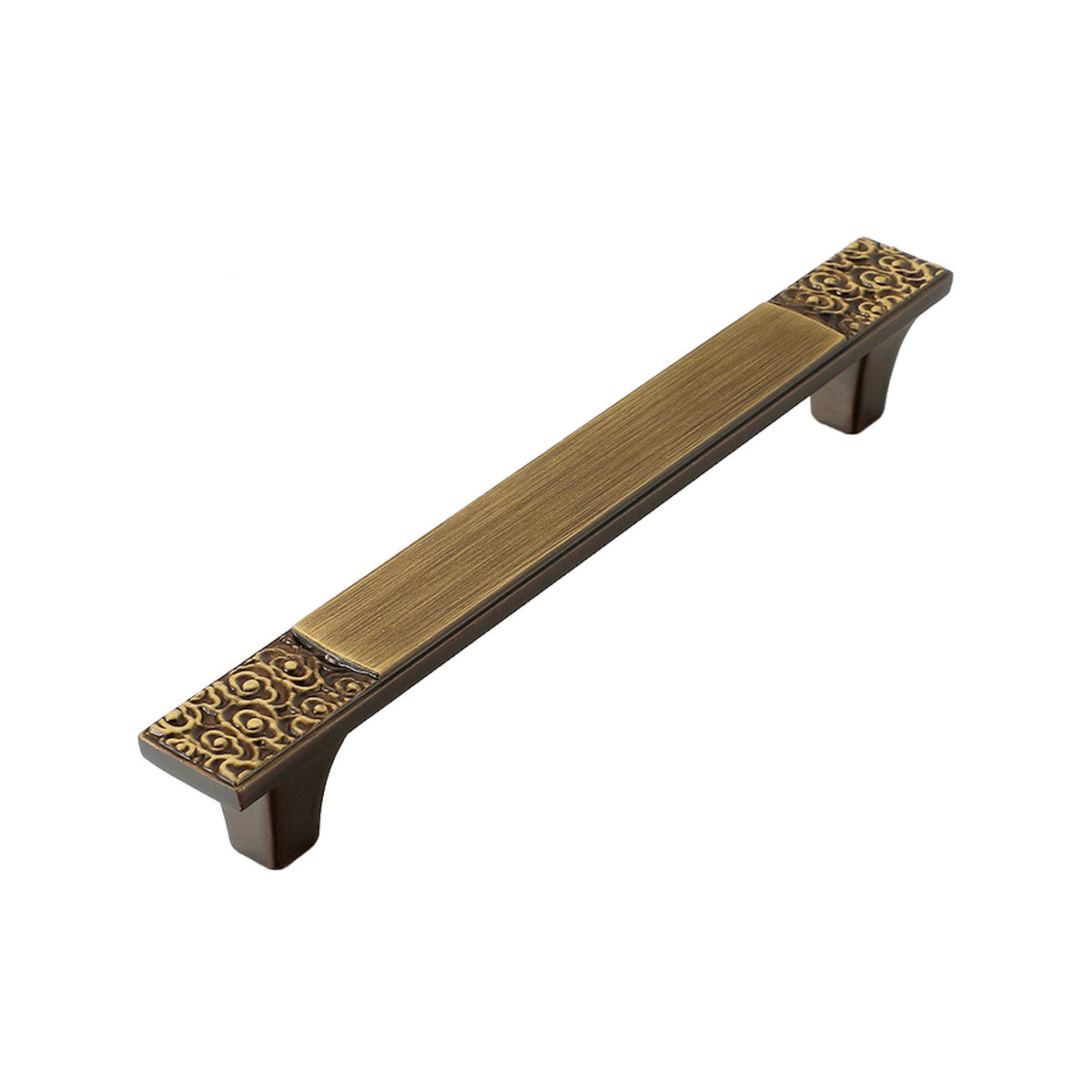 Coffee brown bar pull with patterned gold-tone ends, 128 mm, option No. 3.