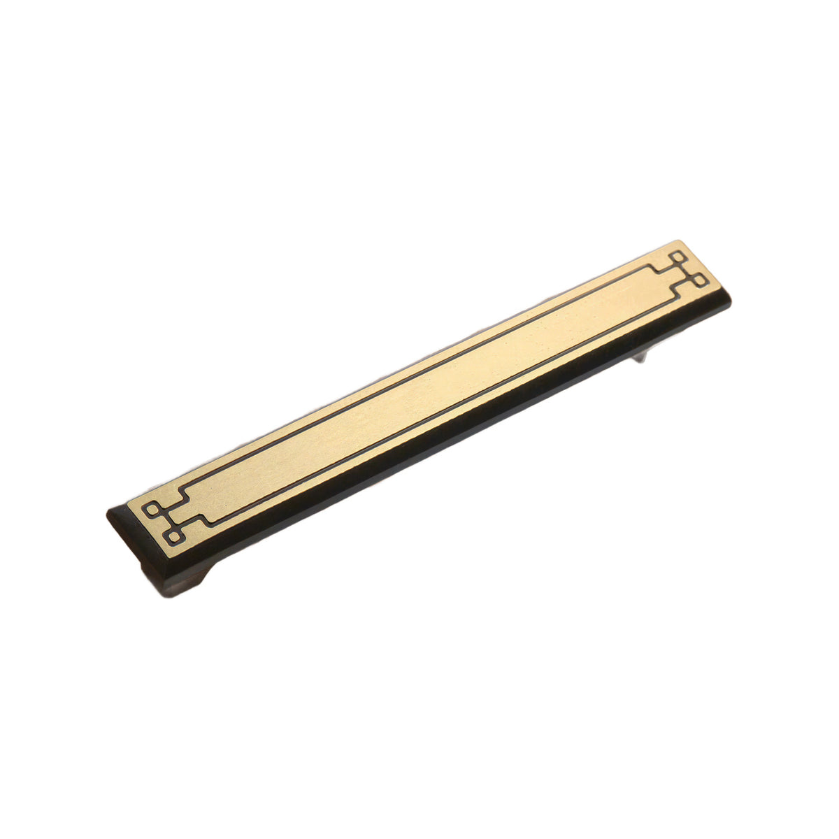Coffee brown straight bar pull with inset lines and square end motifs, 128 mm, option No. 2.