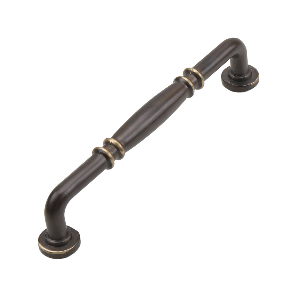 Coffee-brown bar pull with a tapered central grip and brass-tone ring bands, 128 mm, option No. 1.