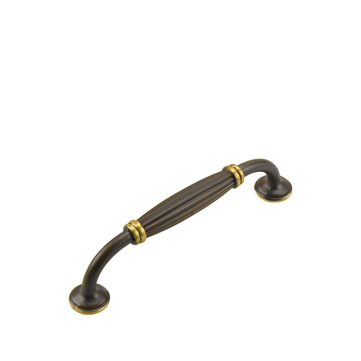Coffee-tone arched bar pull with a ribbed center and gold-tone rings, 128 mm.