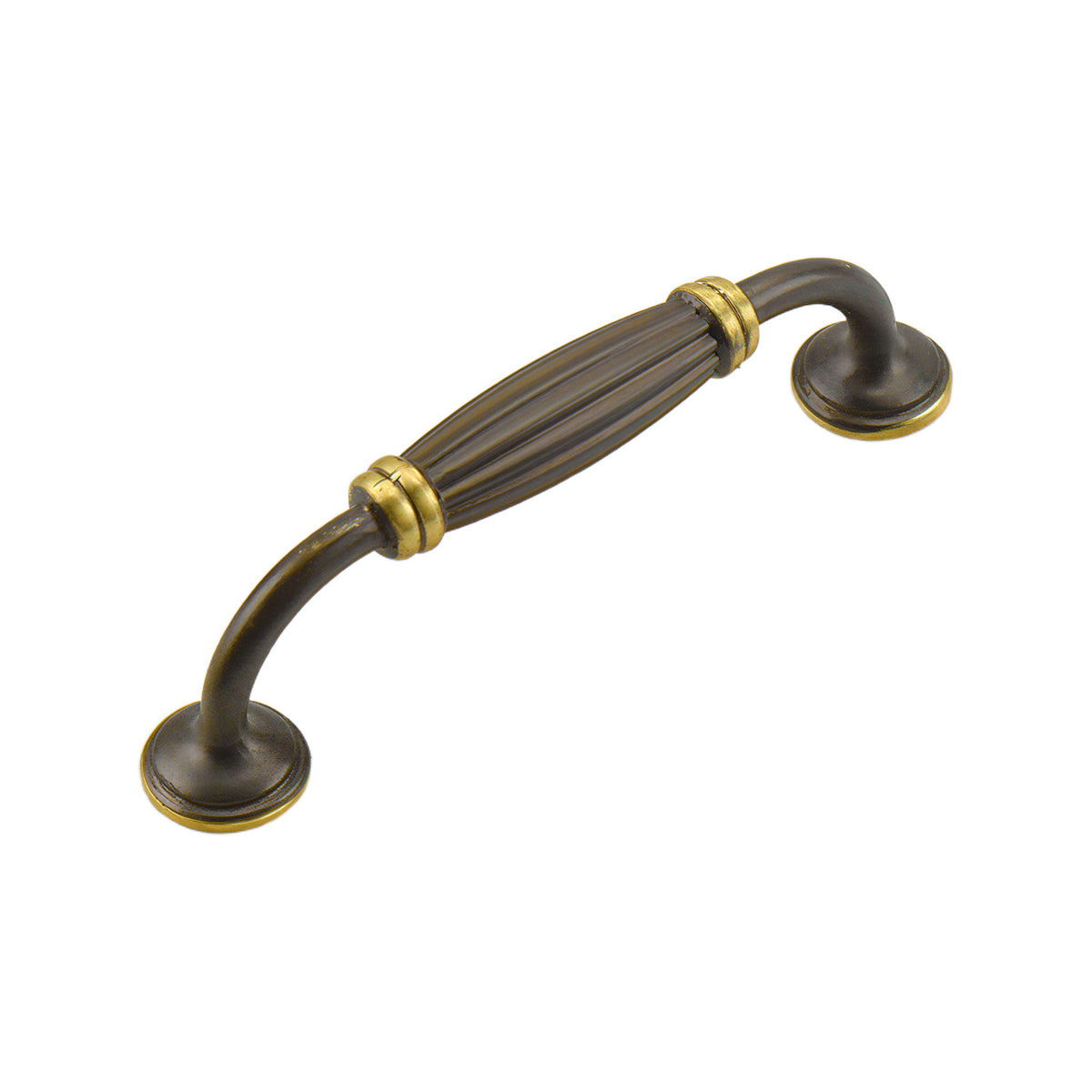 Coffee-tone arched bar pull with a ribbed center and gold-tone rings, 96 mm.