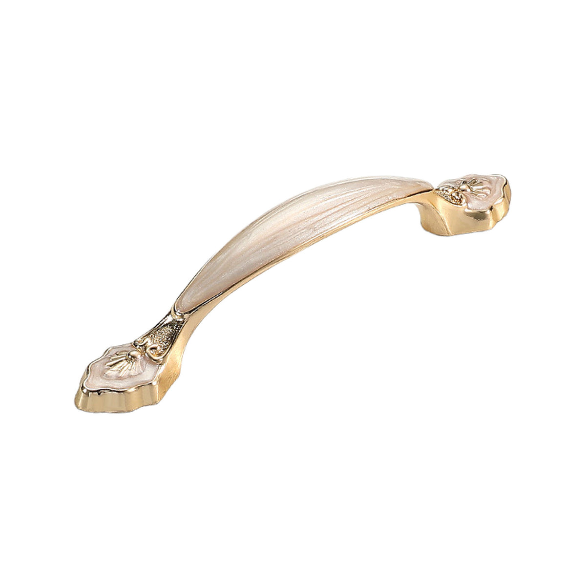 Curved bar pull with a pale central grip and ornate ends, option #6, 96 mm.