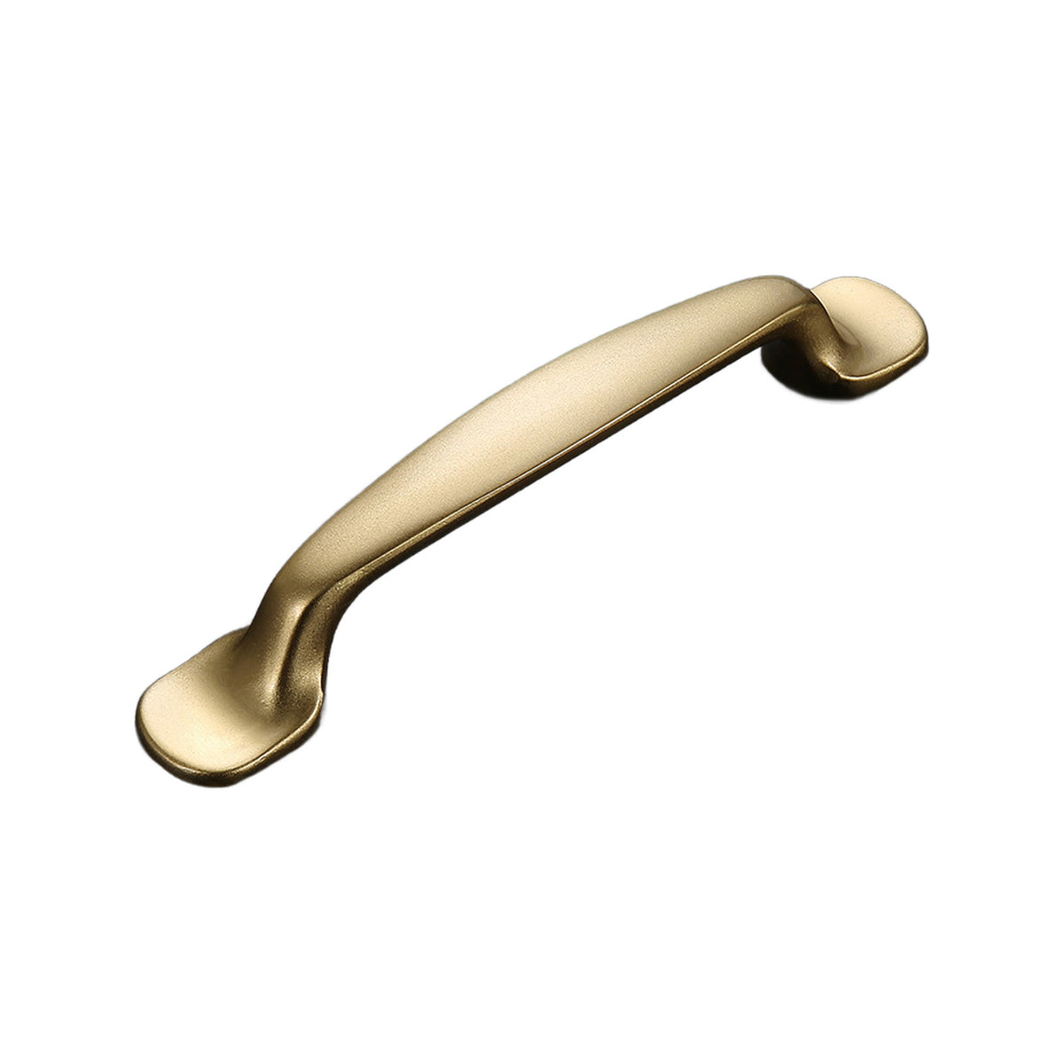 Smooth curved gold-tone bar pull with flared end mounts, option #6, 96 mm.