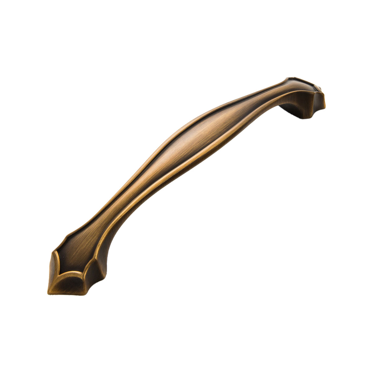 Curved bar pull with a tapered center and flared end mounts, variant #10, 128 mm.