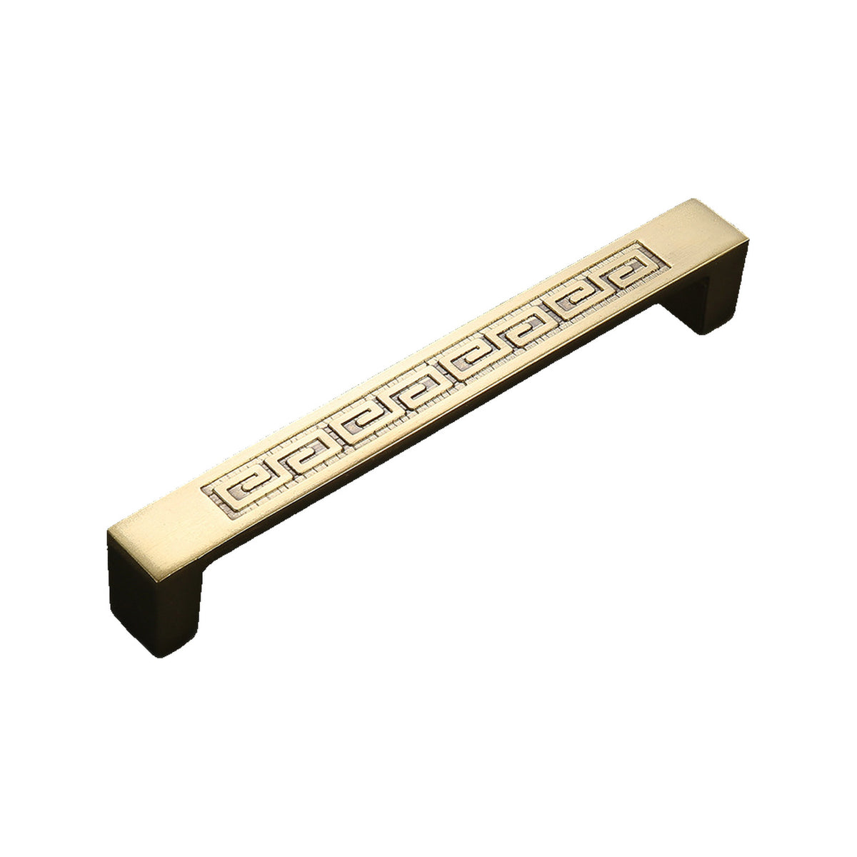 Gold-tone bar pull with a Greek key pattern, option #11, 128 mm.