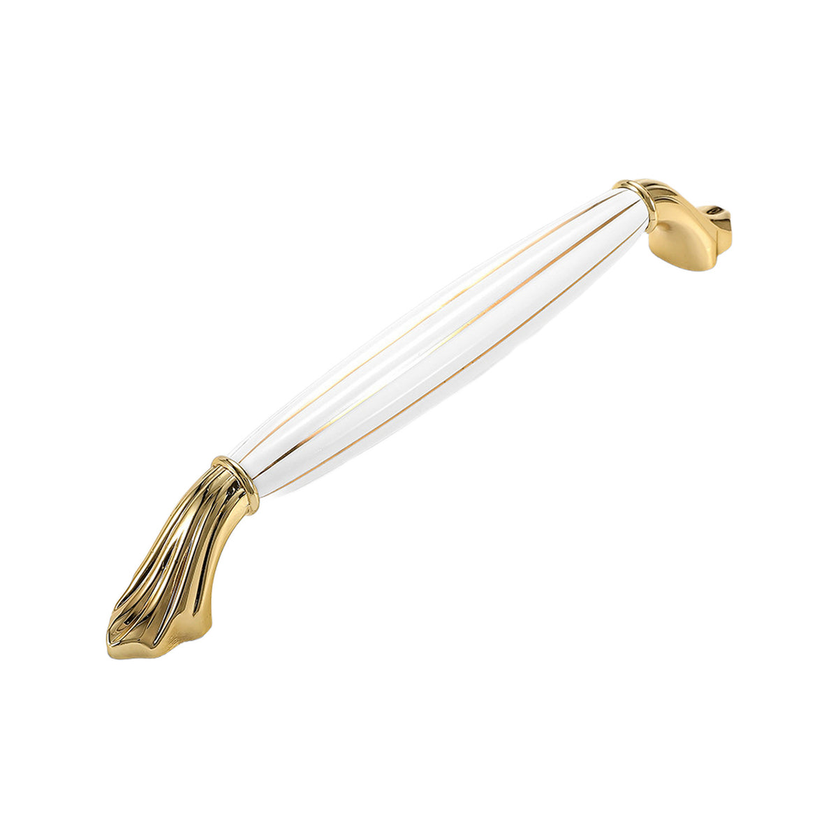 Gold-tone bar pull with a ribbed white ceramic grip and flared ends, option No. 9, 192 mm.