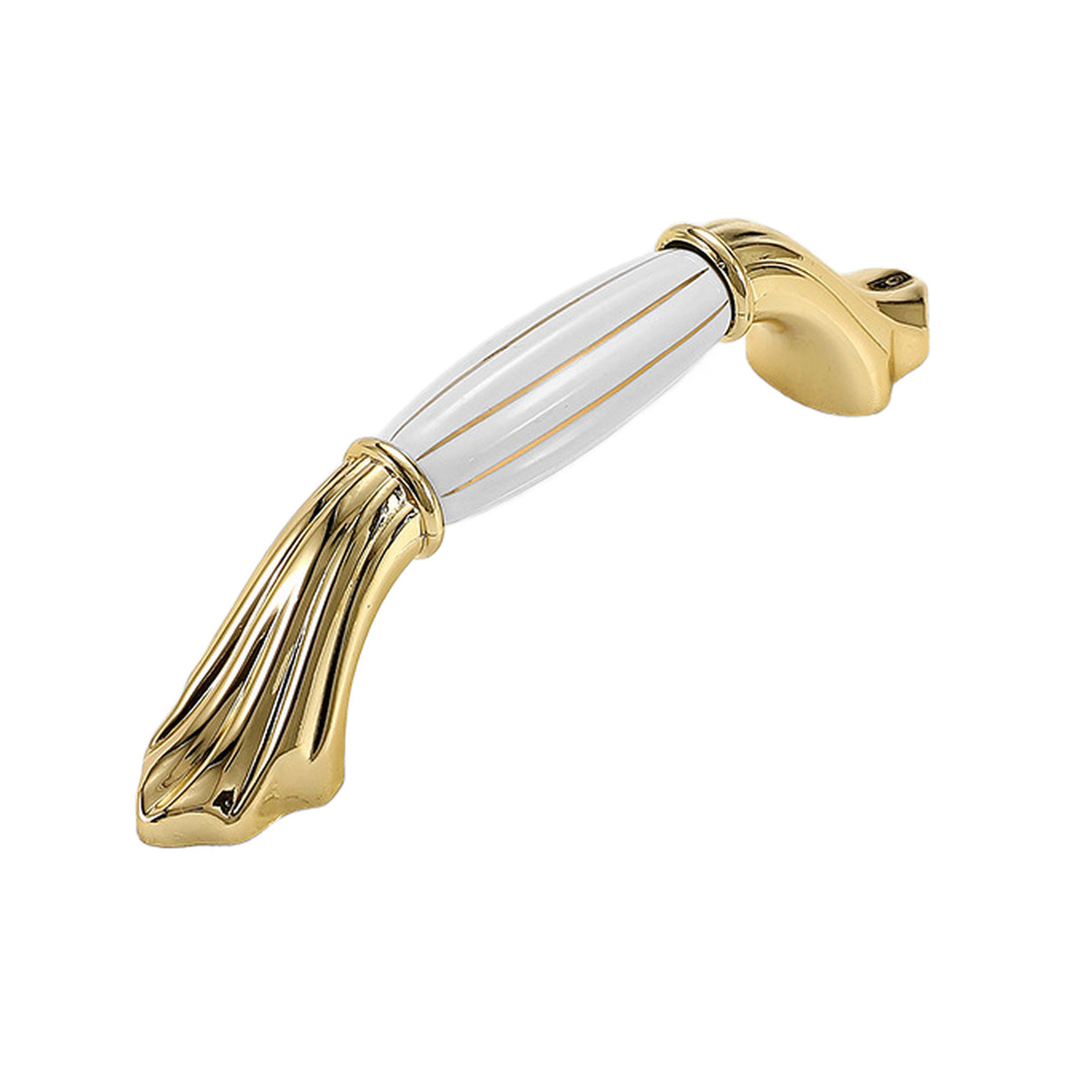Gold-tone bar pull with a ribbed white ceramic grip and flared ends, option No. 9, 96 mm.