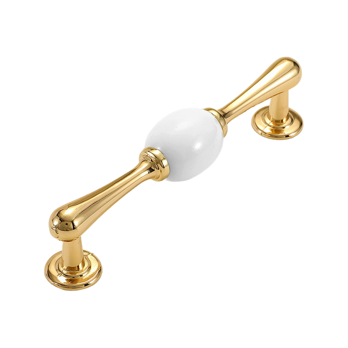 Slim gold-tone bar pull with a white ceramic center ball and round mounts, option No. 7, 128 mm.