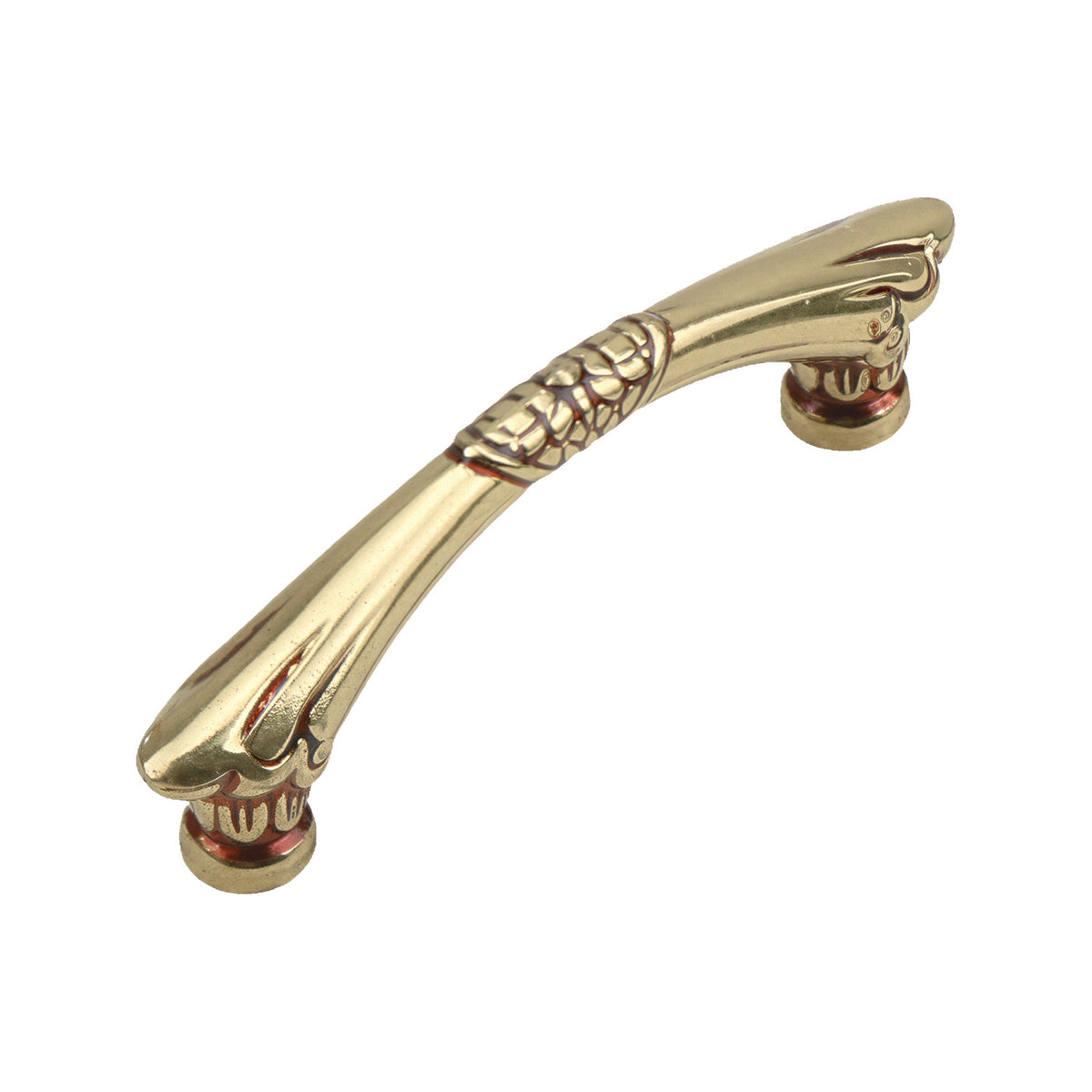 Gold-tone curved bar pull with a patterned center band, option No. 3, 86 mm.