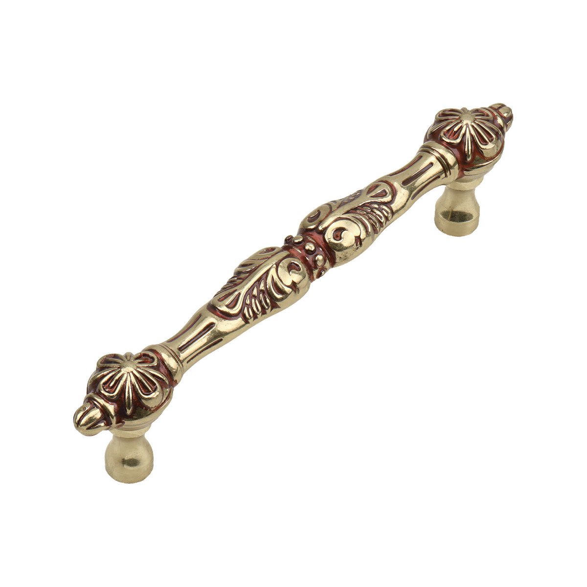 Gold-tone bar pull with raised floral scrollwork, option No. 1, 126 mm.
