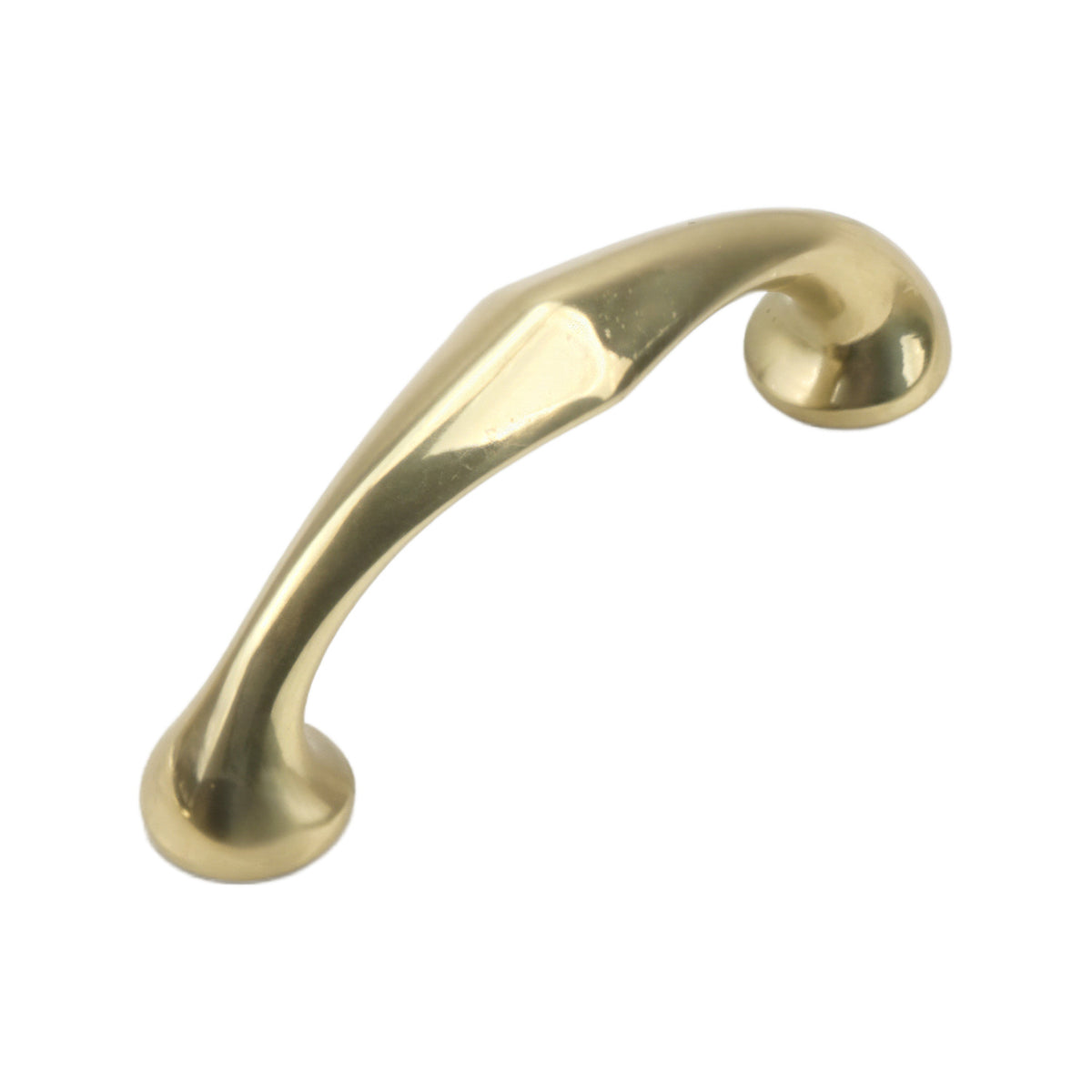 Gold-tone tapered arched bar pull with curled ends, 64 mm, option No. 1.