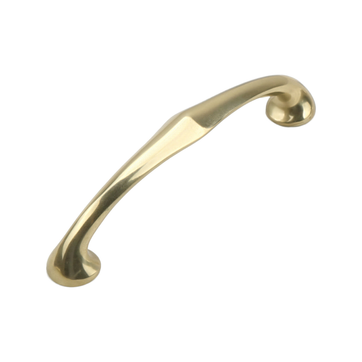 Gold-tone tapered arched bar pull with curled ends, 96 mm, option No. 1.