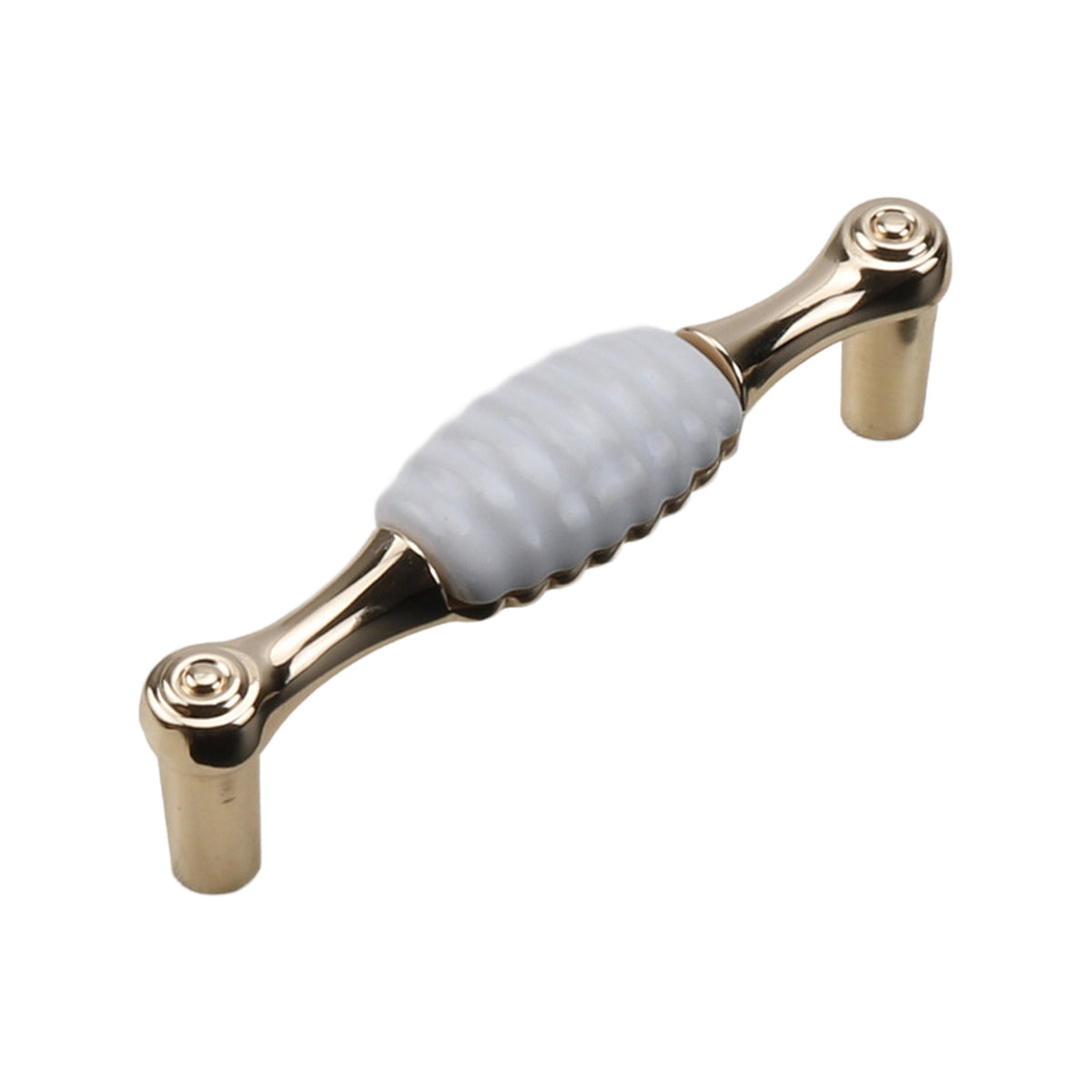 Gold-tone bar pull with a ribbed white ceramic grip, option No. 8, 108 mm.
