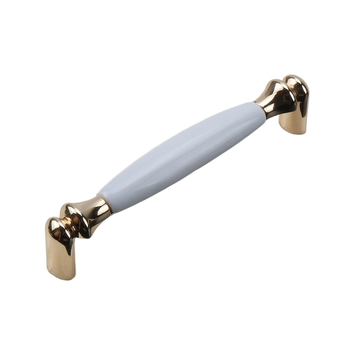 Gold-tone bar pull with a smooth white ceramic grip, option No. 7, 139 mm.