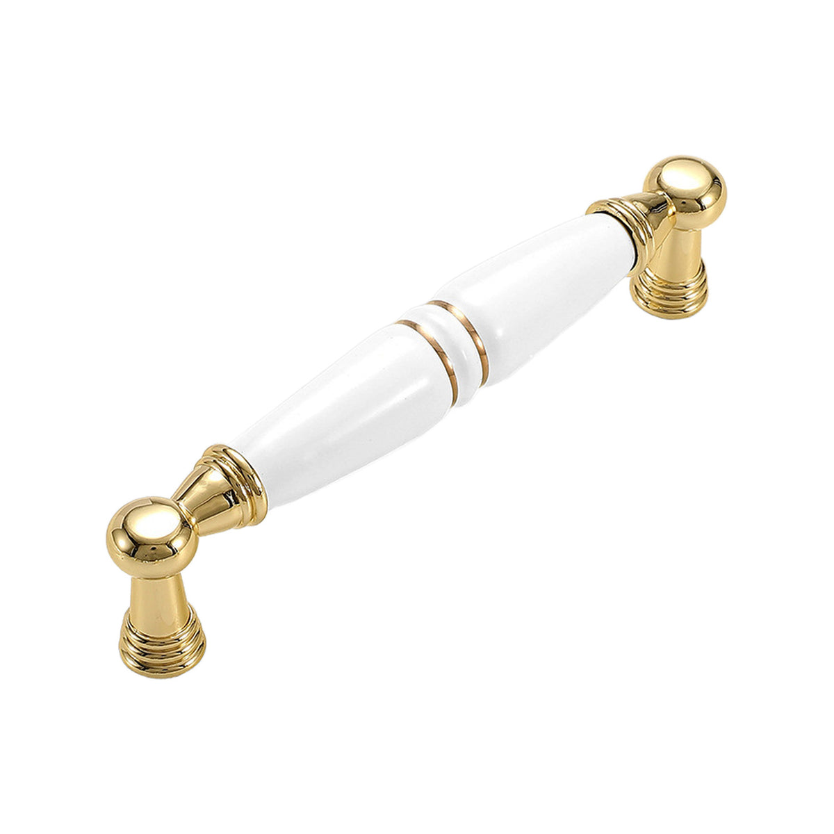 Gold-tone bar pull with a white ceramic grip, gold bands and round post mounts, option No. 4, 128 mm.