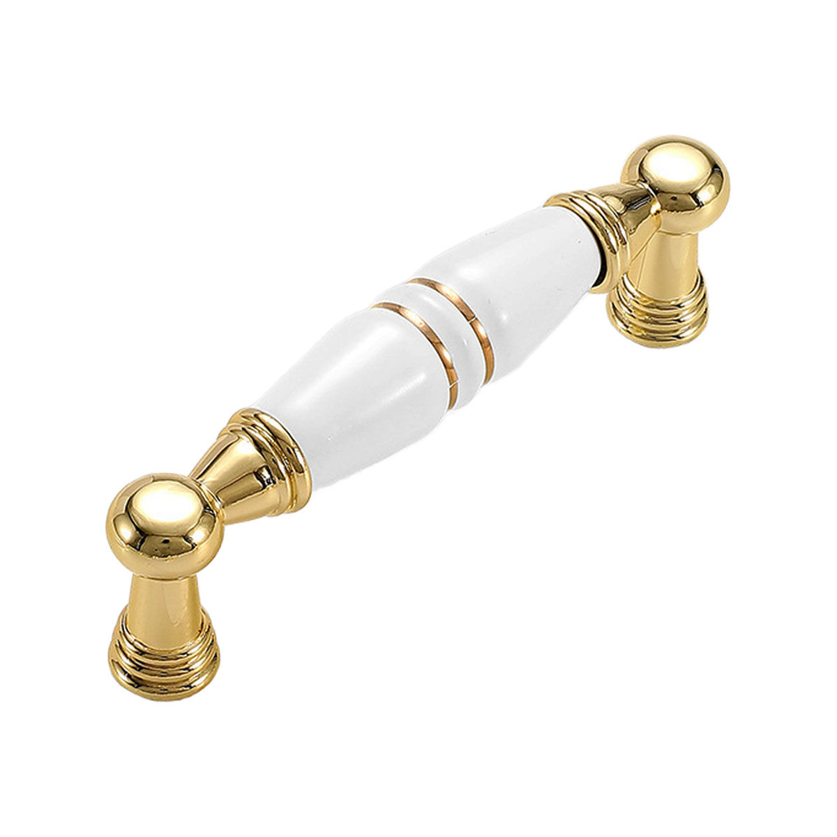 Gold-tone bar pull with a white ceramic grip, gold bands and round post mounts, option No. 4, 96 mm.