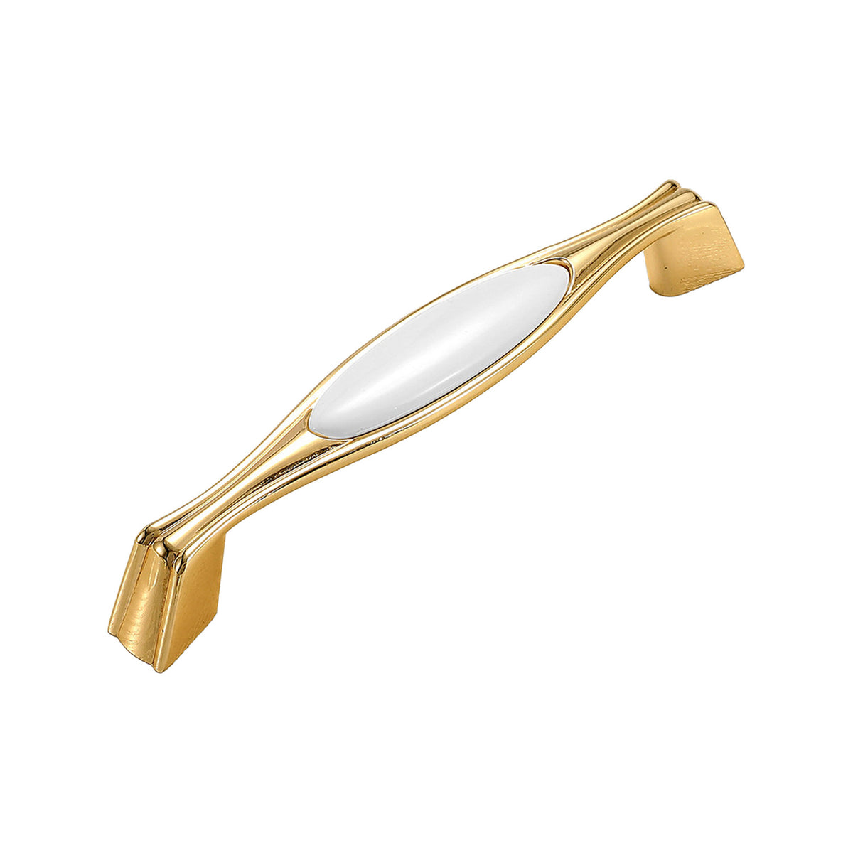 Gold-tone bar pull with a white oval ceramic inset and squared ends, option No. 5, 128 mm.