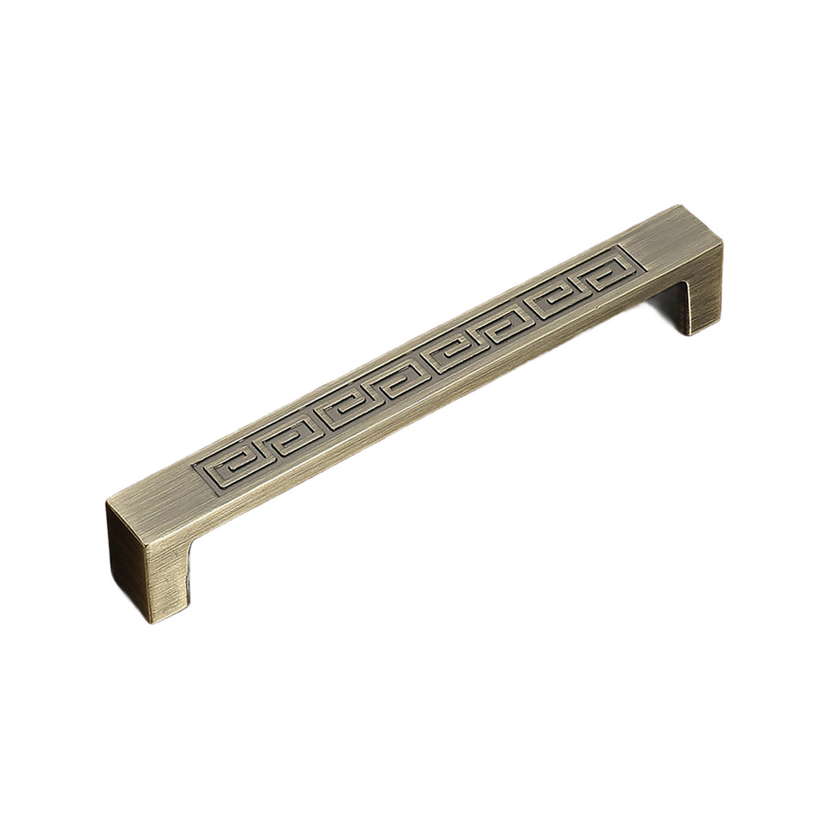 Straight bar pull with a raised Greek-key pattern along the face, variant #26, 128 mm.