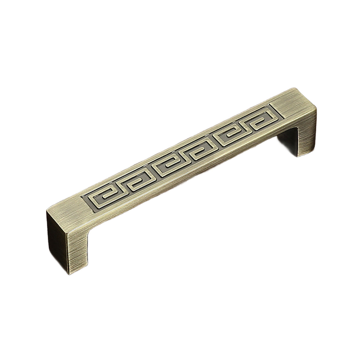 Straight bar pull with a raised Greek-key pattern along the face, variant #26, 96 mm.