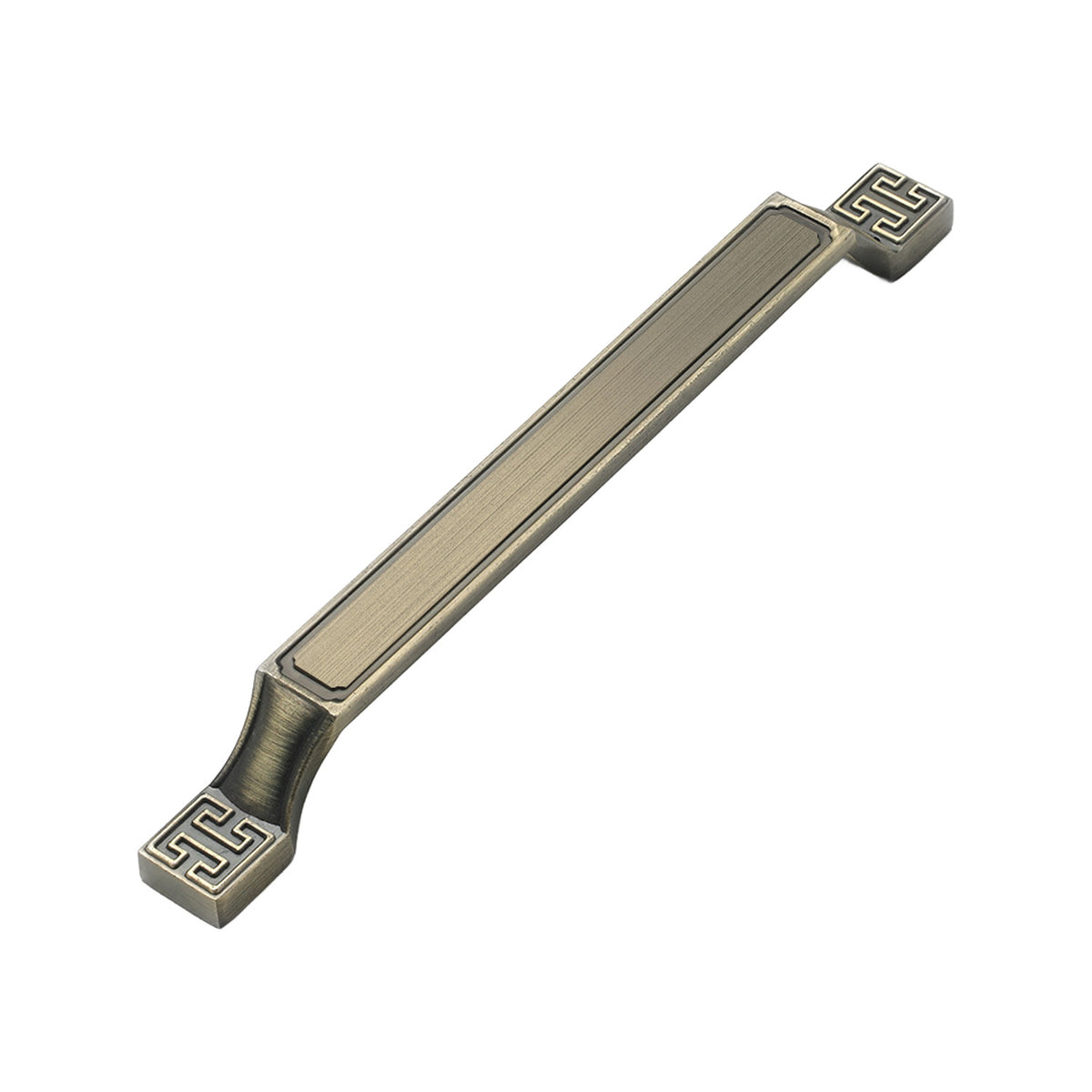 Bar pull with square Greek-key end caps and a recessed center panel, variant #19, 192 mm.