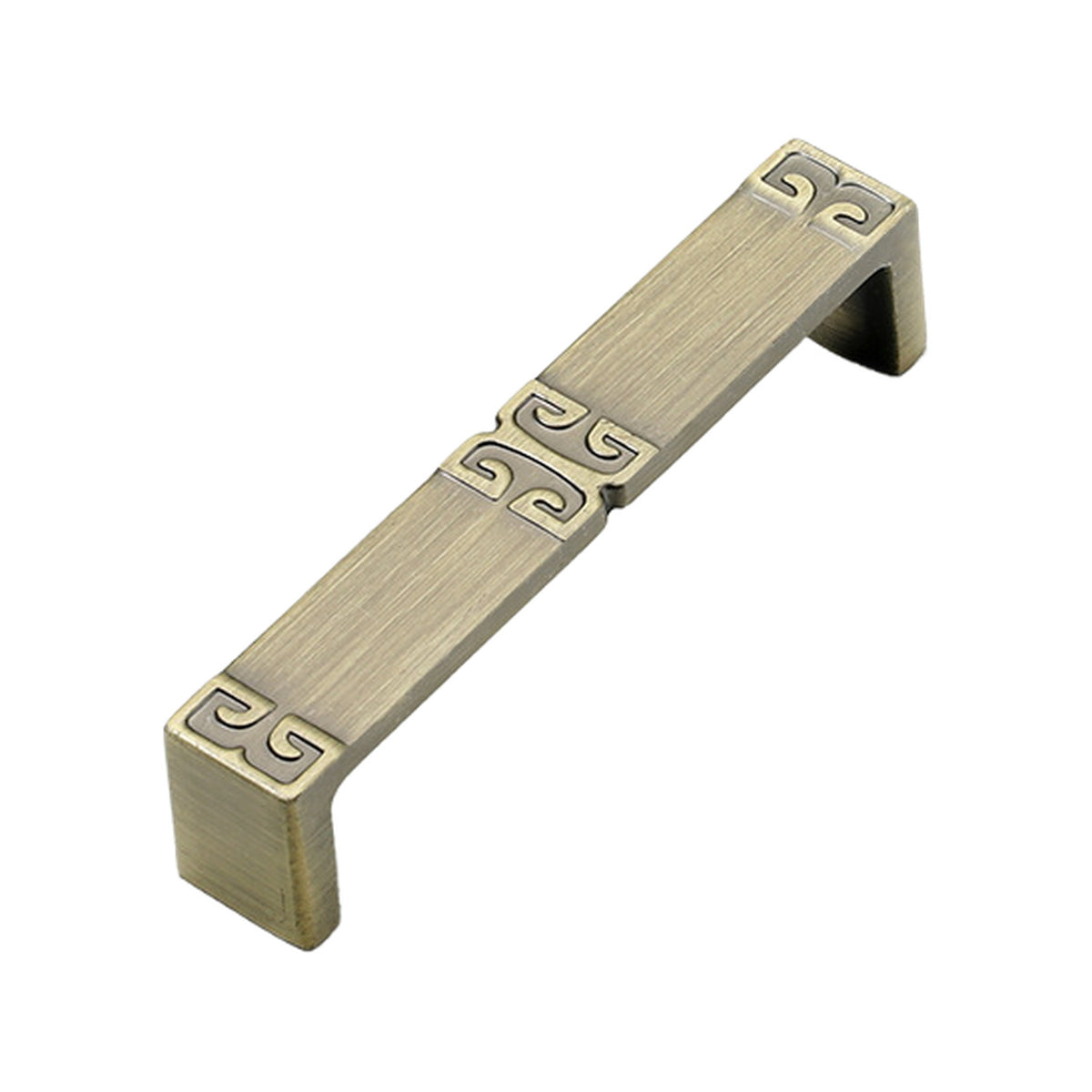 Rectangular bar pull with raised geometric scroll motifs at the center and ends, variant #16, 96 mm.