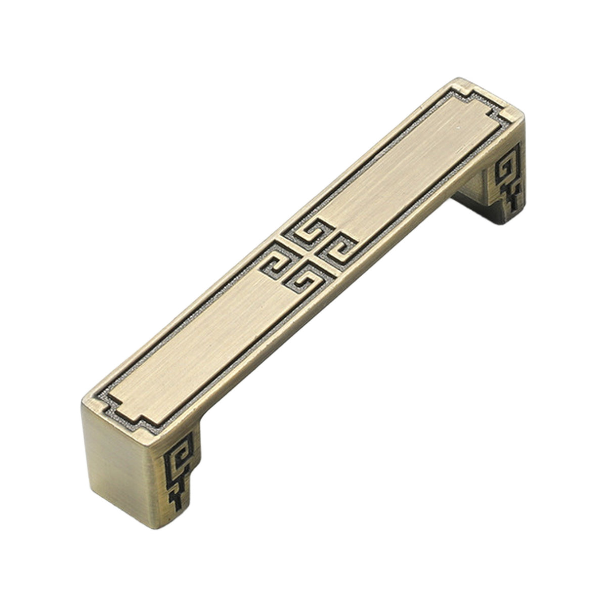 Straight bar pull with a rectangular face and central Greek-key motif, variant #21, 96 mm.