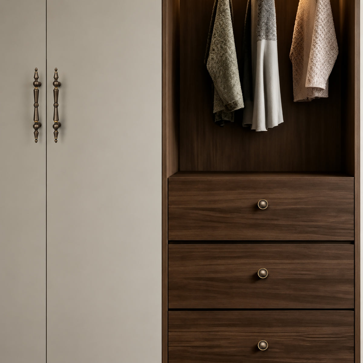 Ornate antique brass cabinet pulls installed on cream wardrobe doors.