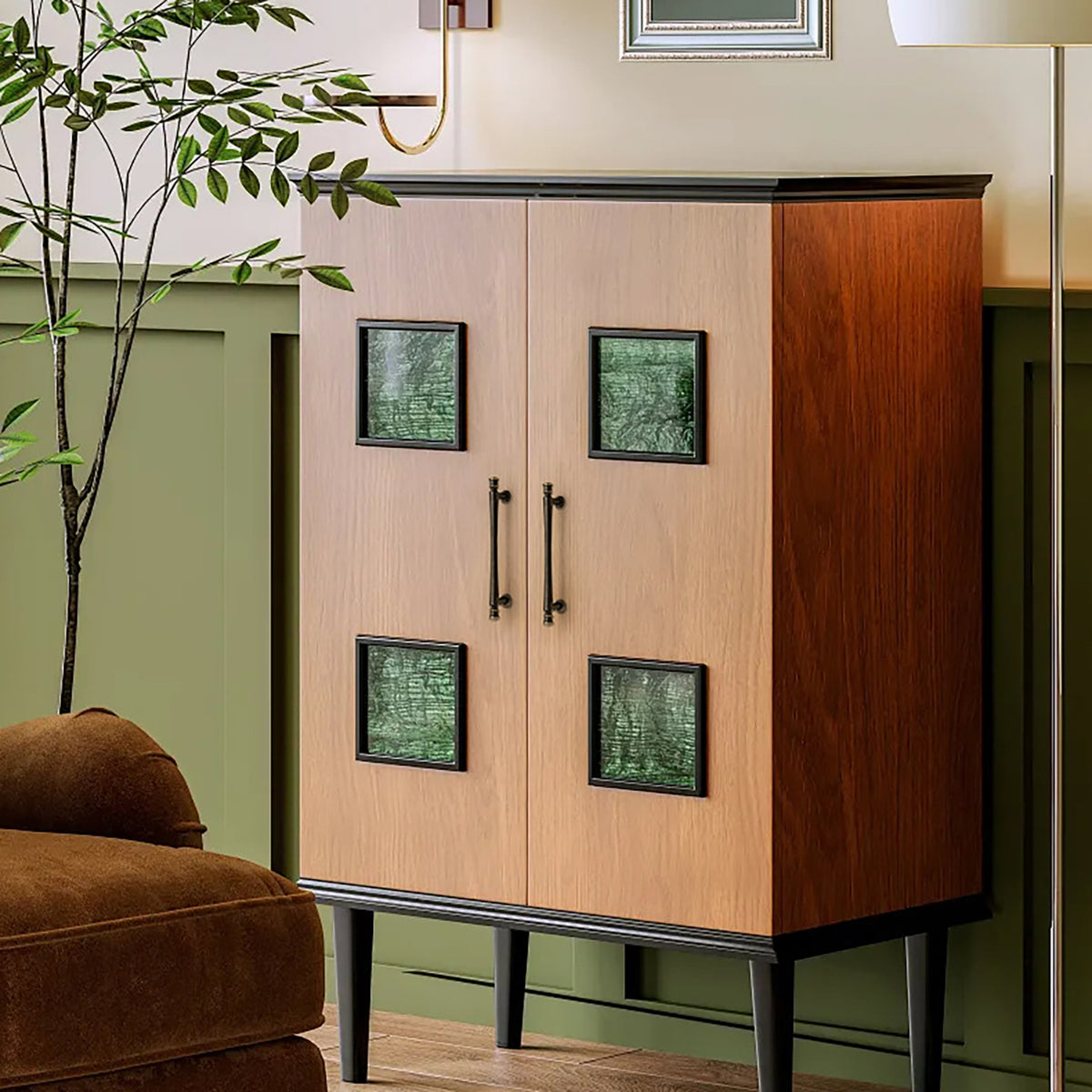 Dark antique brass bar cabinet pulls installed on a wood cabinet with glass panels.