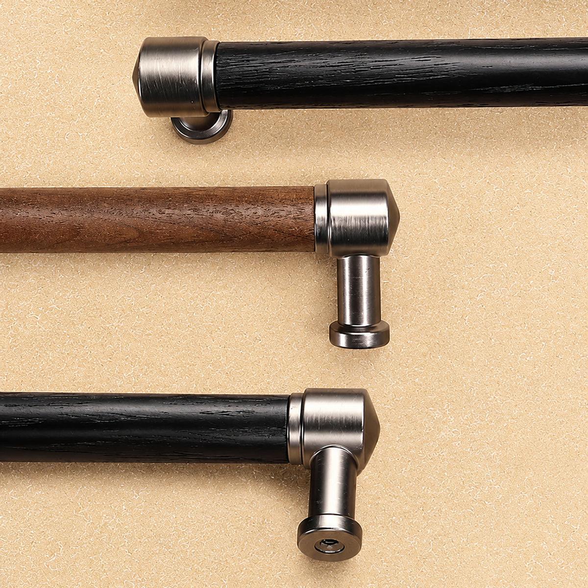 Black oak and walnut bar cabinet pulls with silver-colored mounts, showing end and mounting details.